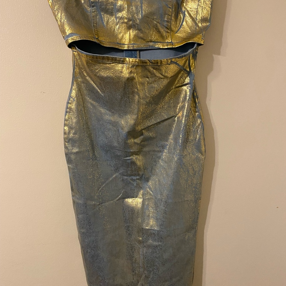 AKIRA Light Blue Denim Gold Painted Strapless Cut Out Dress Size XL